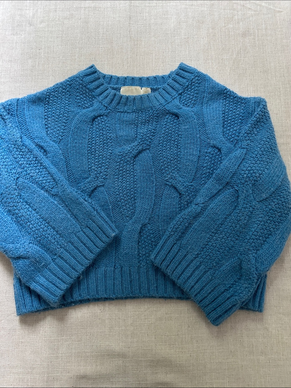 Maeve Oversized Cable Knit Sweater Blue XS Chunky Cropped Coastal Boxy Crewneck